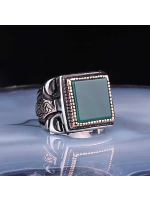 Inure Jewelry ​gümüş Kare Yeşil Akik Taşlı Erkek Yüzük