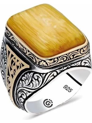 Inure Jewelry ​gümüş Sıkma Kehribar Kare Erkek Yüzük