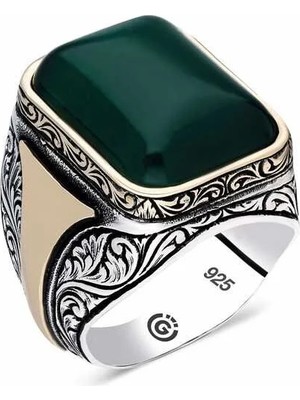 Inure Jewelry Gümüş Desenli Yeşil Akik Taşlı Kare Erkek Yüzük