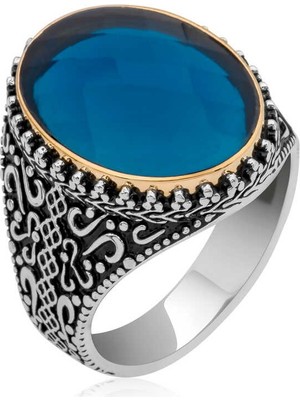 Inure Jewelry Gümüş Mavi Zirkon Taşlı Oval Erkek Yüzük