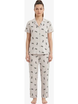 Cottonhill Gri Çizgi Desenli Yumuşak Dokulu Gömlek Yaka Kadın Pijama Takımı