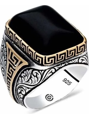 Inure Jewelry Gümüş Oniks Siyah Taşlı Kare Erkek Yüzük
