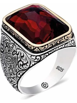 Inure Jewelry Gümüş Zirkon Kırmıızı Taşlı Kare Erkek Yüzük