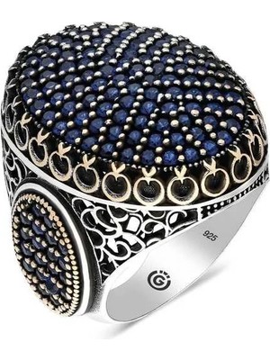 Inure Jewelry Gümüş Lacivert Zirkon Taşlı Oval Erkek Yüzük