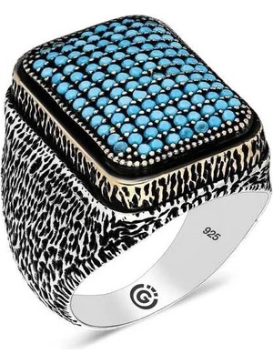 Inure Jewelry Gümüş Turkuaz Zirkon Taşlı Kare Erkek Yüzük