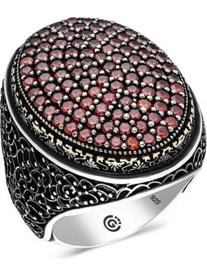 Inure Jewelry Gümüş Kırmızı Zirkon Taşlı Oval Erkek Yüzük