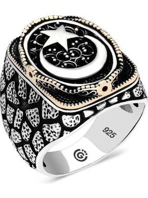 Inure Jewelry Gümüş Ay Yıldız Oval Erkek Yüzük