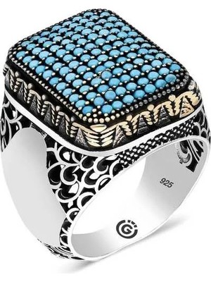 Inure Jewelry Gümüş Turkuaz Zirkon Taşlı Kare Erkek Yüzük