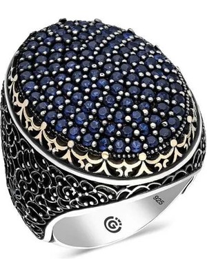 Inure Jewelry Gümüş Lacivert Zirkon Taşlı Oval Erkek Yüzük