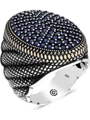 Inure Jewelry Gümüş Lacivert Zirkon Taşlı Oval Erkek Yüzük