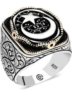 Inure Jewelry Gümüş Ay Yıldız Oval Erkek Yüzük