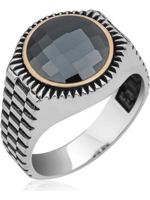 Inure Jewelry Gümüş Siyah Zirkon Taşlı Yuvarlak Erkek Yüzük