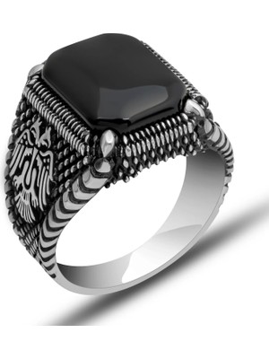 Inure Jewelry Gümüş Çift Başlı Kartal Oniks Erkek Yüzük