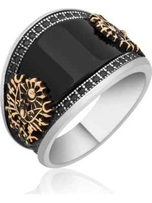 Inure Jewelry Gümüş Siyah Taşlı Osmanlı Armalı Erkek Yüzük