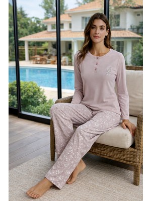 Remsa Büyük Beden Kadın Penye Uzun Kol Pijama Takımı 3315 Gül Kurusu