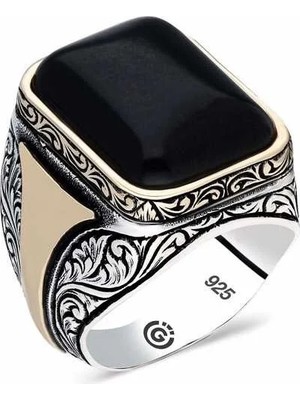 Inure Jewelry ​gümüş Desenli Siyah Taşlı Köşeli Erkek Yüzük