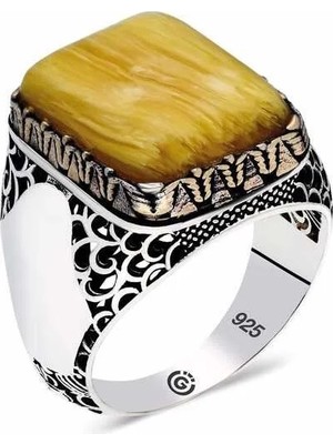 Inure Jewelry ​gümüş  Koyu Sarı Sıkma Kehribar Taşlı Kare Erkek Yüzük