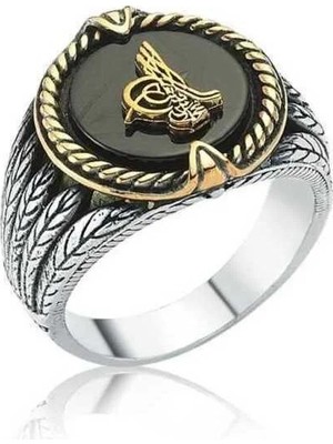 Inure Jewelry Gümüş Siyah Taşlı Tuğralı Erkek Yüzük