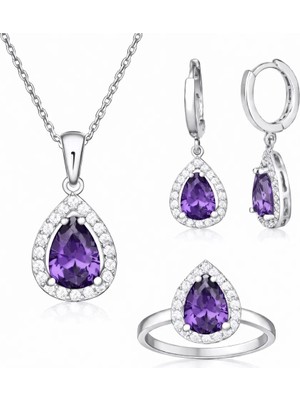 Inure Jewelry Gümüş Mor Zirkon Taşlı Damla Kadın Set