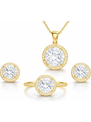 Inure Jewelry Gümüş Gold Yuvarlak Montür Tek Taş Kadın Set