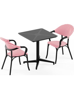 Tilia 2 Kişilik Polipropilen Masa Takımı Siyah, Kırmızı Beyaz File (Moon Katlanır Masa 70X70 cm + Flash-N Kollu Sandalye)