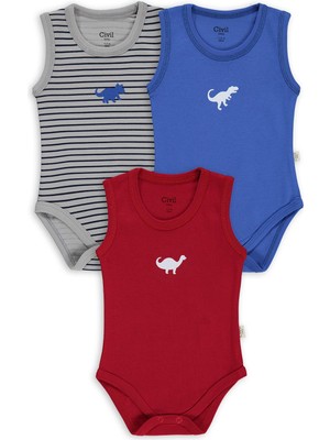 Civil Baby Dinazor Baskılı 3 Lü 0-36 Ay Çıtçıtlı Badi - Kırmızı