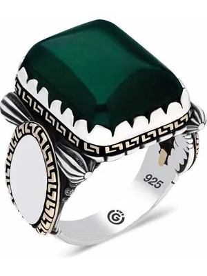 Inure Jewelry Gümüş Zirkon Yeşil Taşlı Kare Erkek Yüzük