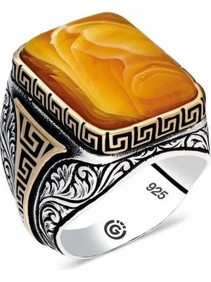 Inure Jewelry ​gümüş Desenli Sıkma Kehribar Taşlı Kare Erkek Yüzük