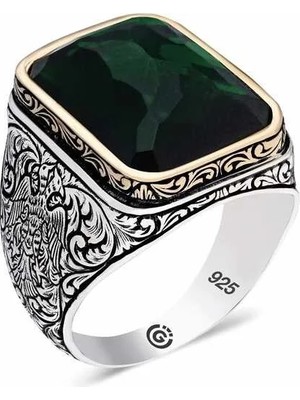 Inure Jewelry Gümüş Zirkon Yeşil Taşlı Kare Erkek Yüzük