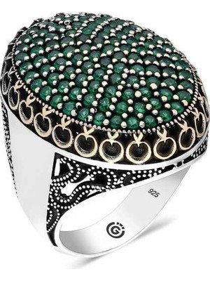 Inure Jewelry Gümüş Yeşil Zirkon Taşlı Oval Erkek Yüzük