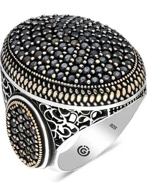 Inure Jewelry Gümüş Siyah Zirkon Taşlı Oval Erkek Yüzük