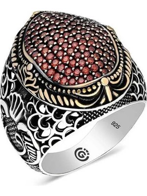 Inure Jewelry Gümüş Kırmızı Zirkon Taşlı Oval Erkek Yüzük