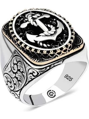 Inure Jewelry Gümüş Deniz Çapası Oval Erkek Yüzük