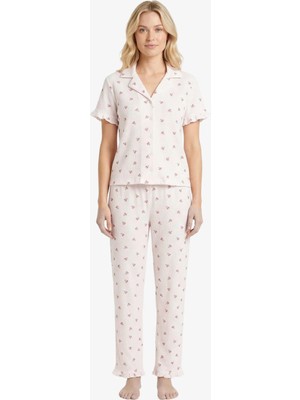 Cottonhill Beyaz Çiçek Desenli Bürümcük Gömlek Yaka Kadın Pijama Takımı