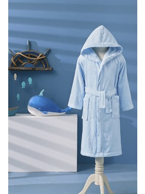 Özdilek 11/12 Yaş Erkek Çocuk Kapüşonlu Kadife Pamuk Bornoz-Marine Mavi