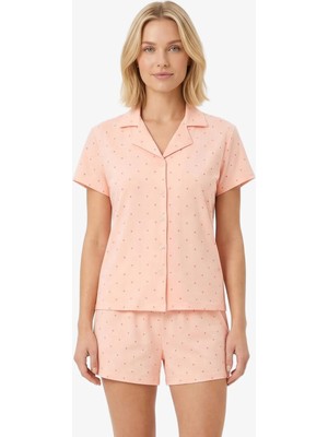 Cottonhill Pudra Puantiyeli Yumuşak Dokulu Gömlek Yaka Kadın Şortlu Pijama Takımı