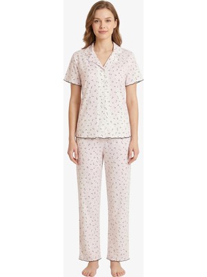 Cottonhill Beyaz Çiçek Desenli Pointel Gömlek Yaka Kadın Pijama Takımı