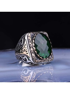Inure Jewelry Gümüş Fasetli Yeşil Taşlı Kare Erkek Yüzük