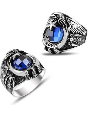 Inure Jewelry Gümüş Ayyıldız Hava Kuvvetleri Mavi Taşlı Erkek Yüzük