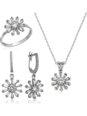 Inure Jewelry Gümüş Trapez Taşlı  Çiçek Bayan Set