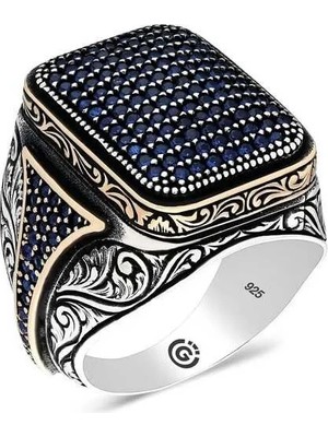 Inure Jewelry Gümüş Lacivert Zirkon Taşlı Kare Erkek Yüzük