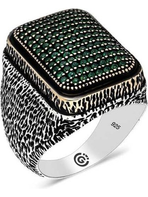 Inure Jewelry Gümüş Yeşil Zirkon Taşlı Kare Erkek Yüzük