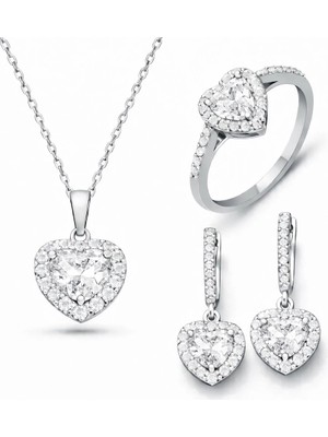 Inure Jewelry Gümüş Beyaz Taşlı Kalpli Kadın Set