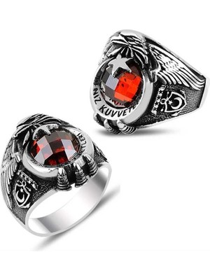 Inure Jewelry Gümüş Ayyıldız Deniz Kuvvetleri Kırmızı Taşlı Erkek Yüzük