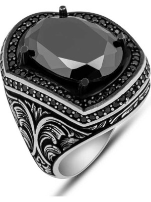 Inure Jewelry Gümüş Siyah Zirkon Taşlı Oval Erkek Yüzük