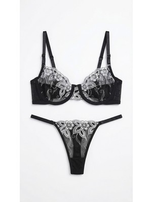 Zi Siyah Dar Kalıp Nakışlı Sütyen Takımı