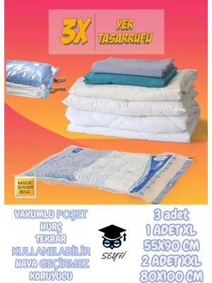 Magic Saver Bag Vakumlu Poşet Hurç Tekrar Kullanılabilir Hava Geçirmez Koruyucu 3'lü Set