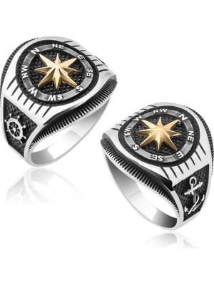 Inure Jewelry Gümüş Çapa Detaylı Pusula Erkek Yüzük