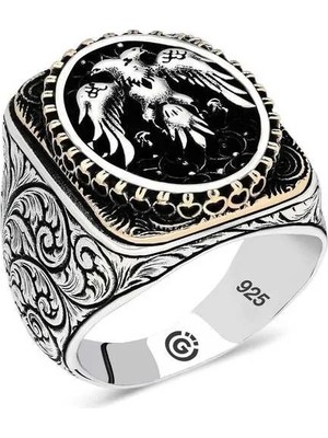 Inure Jewelry Gümüş Çift Başlı Kartal Oval Erkek Yüzük