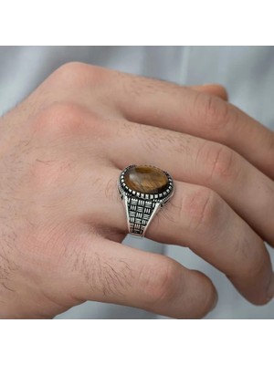 Inure Jewelry Gümüş Kaplan Gözü Taşlı Örgü Desenli Erkek Yüzük